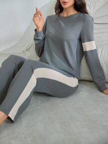Lazeform Conjunto de sudadera y pantalones de estar en casa con bloqueo de color y empalme, estilo casual Ins para damas