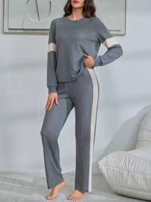 Lazeform Conjunto de sudadera y pantalones de estar en casa con bloqueo de color y empalme, estilo casual Ins para damas