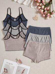 3件套纯色休闲细肩带上衣和短裤家居服套装 - 彩色 - 查看 2