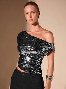 SHEIN BAE 1pc Women Minimalist Sexy Asymmetric Shoulder Top, Metallic Sequin Embellishment Slanted Hem, For Party Season, Autumn/Winter