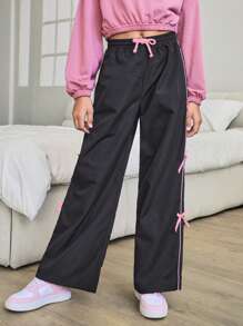 SHEIN Leap Crew Tween Girls Woven Colorblock Bow Decor Loose Casual Pants - Dark Grey - View 5