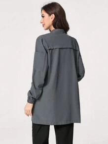 TaskEZ Plain Color Multi-Pocket Front Button Scrub Uniform Jacket - Grey - View 2