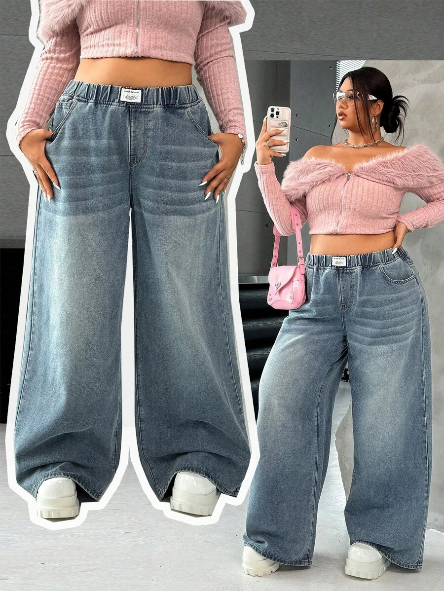 SHEIN ICON Plus Size Blue Loose Wide-Leg Boyfriend Jeans, Streetwear Style, Fall Women Clothes - Medium Wash - View 1