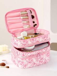 Ashley Baxter Bolsa de cosméticos kawaii con diseño de arco y cereza, de 3 capas, con forma cuadrada, ideal para vacaciones, Año Nuevo, Día de San Valentín