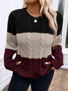 SHEIN LUNE Women Plus Size Contrast Color Crew Neck Long Sleeve Casual Loose Pullover Sweater, Autumn/Winter - Multicolor - View 3
