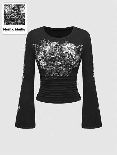 Grunge Punk Women's Rhinestone Embellished Vintage Graphic Slim Fit Long Wide T-Shirt