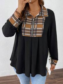 SHEIN LUNE Camisa casual con panel de cuadros en contraste con cremallera frontal regular para mujeres de talla grande, otoño - Negro - Ver 6