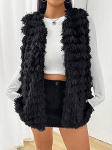 SHEIN EZwear Plus Size Women Fluffy Coat, Black Furry Jacket For Fall