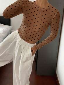 DAZY Women's Polka Dot Allover Print Crew Neck Long Sleeve Fitted Blouse Y2k,Fall Clothes,Back To School Clothes