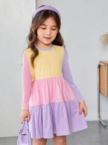 SHEIN Young Girl's Cute And Comfortable Knitted Color-Block Long-Sleeve Round Neck Holiday Dress ,Autumn And Winter , Great For Casual & Daily Wear & School Daily,Y2K Girl