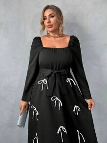 Franclia Plus-size vierkante hals pofmouw strik korte jurk