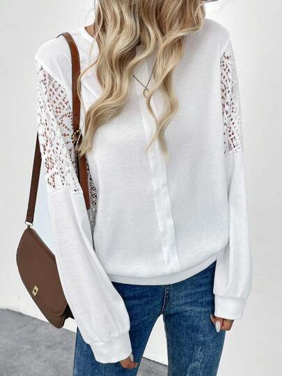 SHEIN LUNE 圆领绗缝荷叶边蕾丝拼接休闲通勤优雅街头装保暖运动衫，女士，秋冬