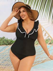Swim Lushoire Plus Size Split Ruffled Collar Swimwear Summer - Black - View 4