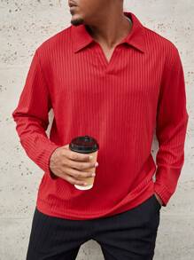 Manfinity Homme Camisa polo de manga larga casual de unicolor con cuello plano para hombre talla grande, para otoño, para salir