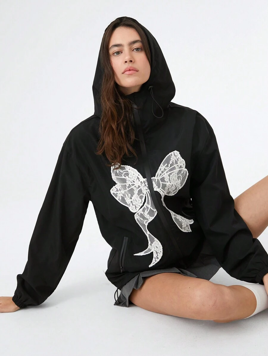 SHEIN EZwear Sequined Zip-Up Cropped Bomber Jacket - Black - View 1