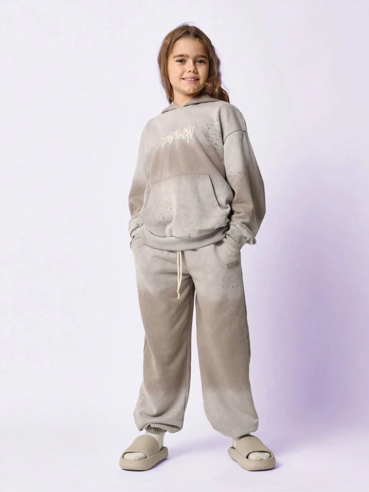 Tween Girls Oversized Overhead Washed Hoodie And Loose Fit Jogger With Embroidery & Small Distressed Detail 2 Piece Set