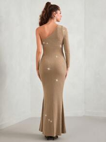 MaterniChic Vestido longo de manga comprida para maternidade, sexy, texturizado, estilo sereia, comprimento até o chão, adequado para casamentos, jantares formais e festas - Dourado - Visão 2