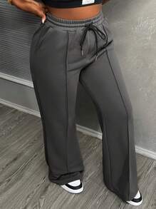 Slaydiva Women's Solid Color Front Tie Simplistic Casual Sports Pants, For Daily Wear - Dark Grey - View 5