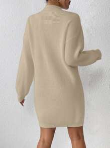 Chiquease 女式纯色立领落肩长袖针织毛衣裙，时尚百搭，秋冬 - 卡其色 - 查看 2