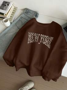 SHEIN EZwear 休闲简约豹纹纽约口号图案圆领长袖厚宽松运动衫女士秋冬季秋季服装 - 咖啡棕 - 查看 1