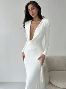 Aloruh 优雅性感垂坠领纯白色长袖酒红色连衣裙，适合约会和度假，秋冬季 - 白色 - 查看 8