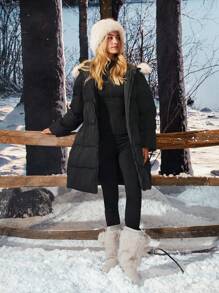 SHEIN EZwear 1pc Women's Winter Woven Wind Resistant Contrast Fuzzy Trim Coat - Black - View 6