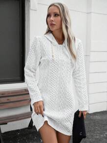 SHEIN LUNE 女士秋冬长袖连帽短款双层纹理针织休闲修身连衣裙，面料随机选择 - 白色 - 查看 7