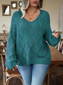 Calvaya Áo len dệt kim cổ chữ V trơn, vai rớt, khoét lỗ dành cho nữ cỡ lớn, thích hợp cho mùa Thu/Đông. - Màu xanh lam - Xem 6