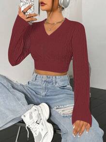 Flirla Women's Solid V-Neck Long Sleeve Casual Cropped Sweater Knit Pullover Fall Winter - Burgundy - View 4