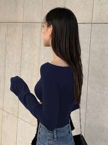 DAZY Women Navy Solid Color Open Shoulder Fitted Long Sleeve T-Shirt, Spring/Summer/Autumn,Fall Women Clothes Off Shoulder Top - Navy Blue - View 2