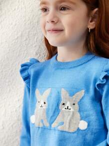 Blossori 年轻女孩动物图案圆领荷叶边下摆长袖毛衣 - 藍色 - 查看 8