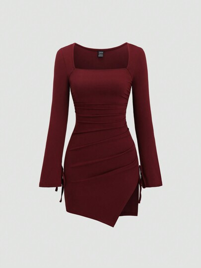 Sweetra Women Solid Color Long Sleeve Pleated Minimalist Casual Sexy Slit Y2K Dress Burgundy Color Women Outfit Fall Cloth For Women
