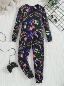 Tween Boy Video Game Fluorescent Graphic Zip Front Long Sleeve Jumpsuit Home Wear, Snug Fit