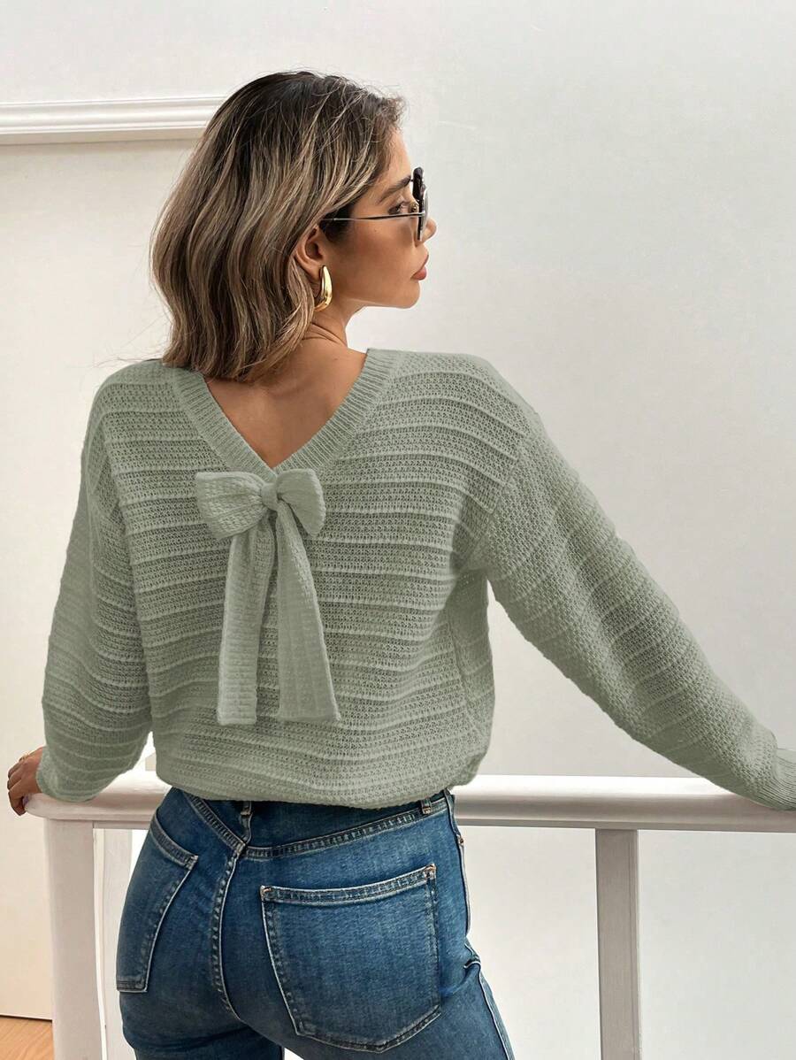 Elyressa Ladies Plain Color Long Sleeve Bow Decor Simple Casual Pullover Sweater,Long Sleeve Tops Knit Pullover Fall Winter Outfit