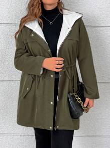 SHEIN معطف شتوي مبطن بالقطن مع قبعة، خصر بحبل للربط لحجم كبير للنساء، أنيق للأغراض اليومية - أخضر عسكري - مشاهدة 5