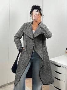 SHEIN EZwear 女士休闲灰色人字纹常规夹克，秋冬 - 深灰色 - 查看 3
