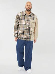 Manfinity VCAY Plus Size Men Loose Brushed Plaid Patchwork Long Sleeve Shirt