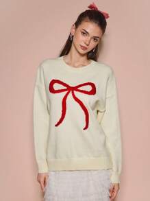 Enchnt Autumn Sweater, Round Neck Bow Pattern,Cute Red And White Long Sleeve Tops,Loose School Style Oversized Comfortable Christmas & Thanksgiving - Apricot - View 3