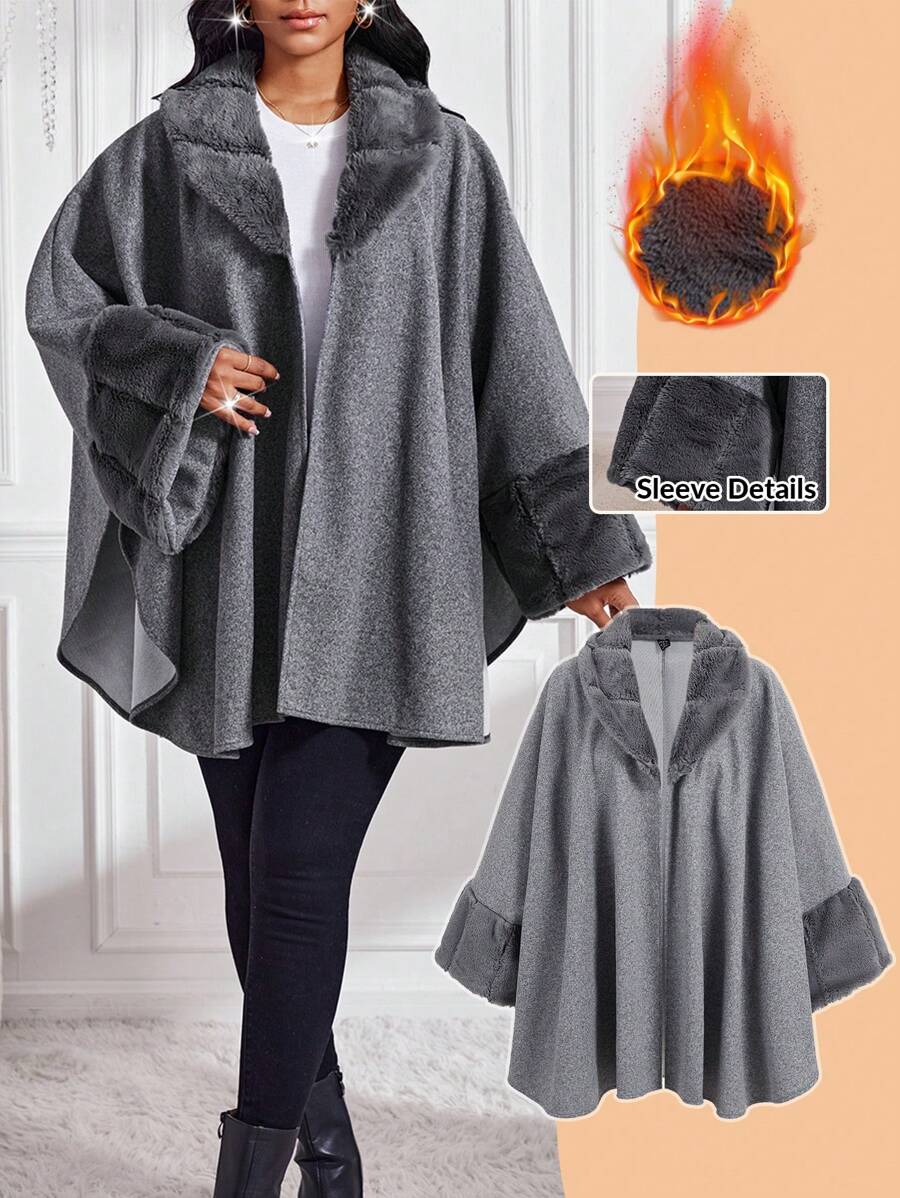 SHEIN Lady Gray Fur Patchwork Women's Regular Coat Cape Loose Silhouette Women's Regular Coat Winter - Grey - View 1