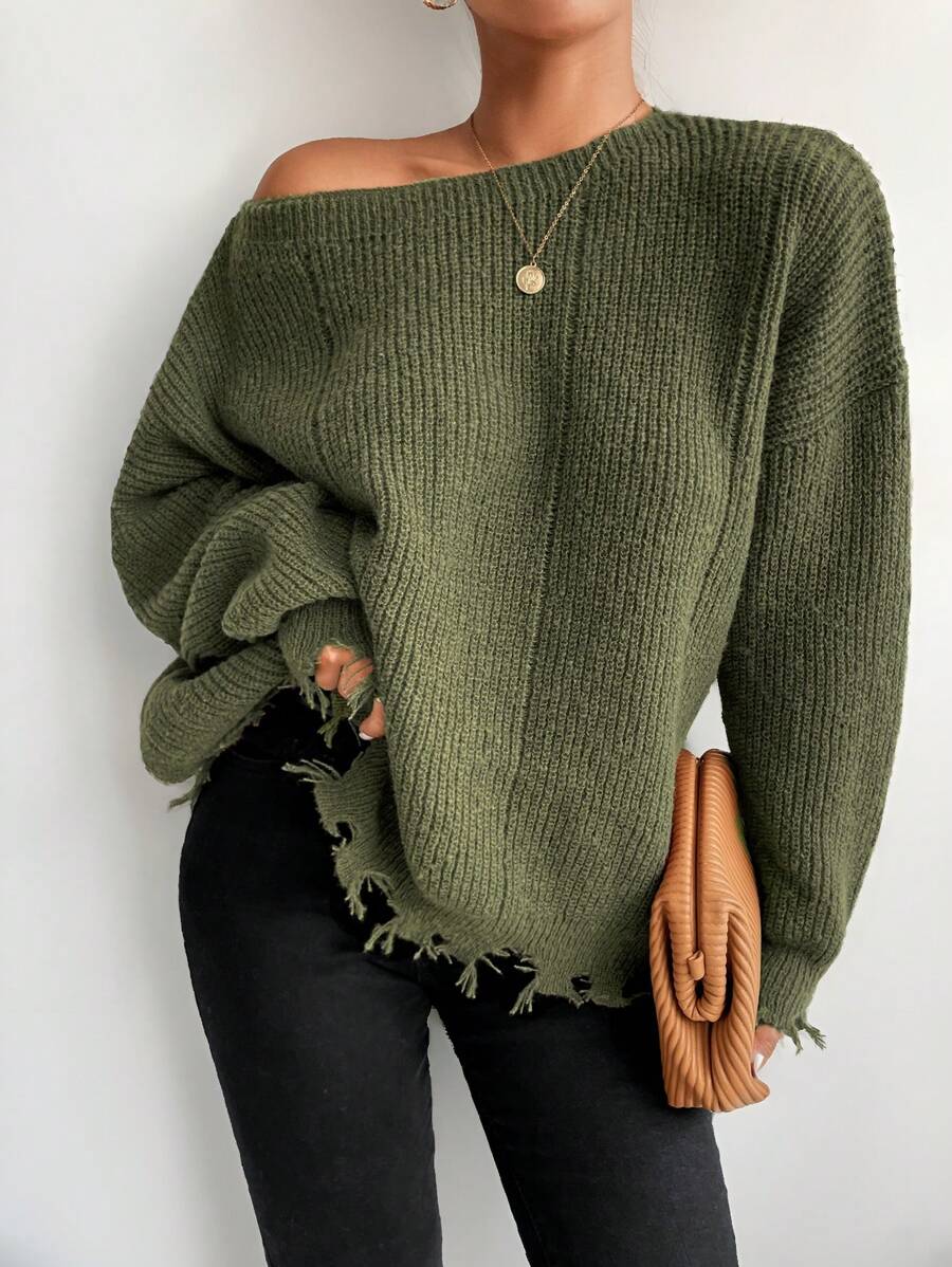 SHEIN PETITE 落肩破洞毛衣 - 軍綠色 - 查看 1