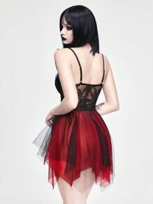 ROMWE Goth 女式哥特式珍珠十字撞色双层薄纱下摆性感内衣套装 - 黑色 - 查看 5