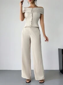 SHEIN Essnce Bộ vest trang trí khóa kim loại hở vai xếp ly mùa thu cho nữ, phong cách đi làm hàng ngày, quần âu màu tự nhiên, bộ trang phục nữ thần Hy Lạp, bộ đồ vest, quần dài, quần áo mùa thu cho nữ, áo dài, quần áo mùa đông cho nữ - Màu be - Xem 3