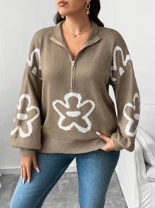 Flirla Suéter de punto con cremallera delantera y estampado floral francés, talla grande, para otoño e invierno - Caqui - Ver 1
