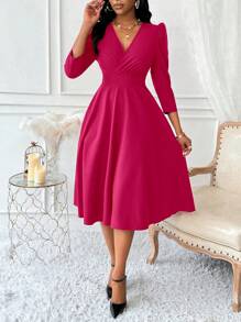 Lunelith SHEIN Lunessa V 领收腰 3/4 泡泡袖 A 字形女式连衣裙 女式长款服装 - 玫紅色 - 查看 6