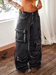 SHEIN ICON Jeans cargo de pierna ancha y multibolsillo de aspecto lavado para mujer