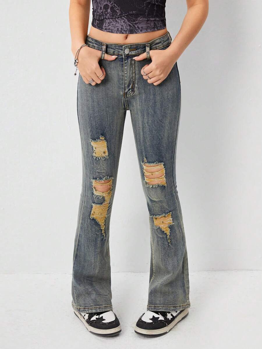 SHEIN Teen Girl Y2K Boho Adjustable Waist Destroy Stretchy Boo Cut Jeans - Bronze - View 1