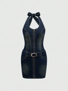 ROMWE J-Fashion 女士 Y2K 牛仔挂脖性感连衣裙 - 寶藍色 - 查看 1