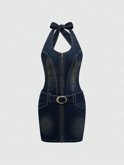 J-Fashion Women's Y2K Denim Halter Neck Sexy Dress