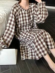 DAZY 格子面料荷叶边下摆休闲连衣裙 - 咖啡棕 - 查看 4