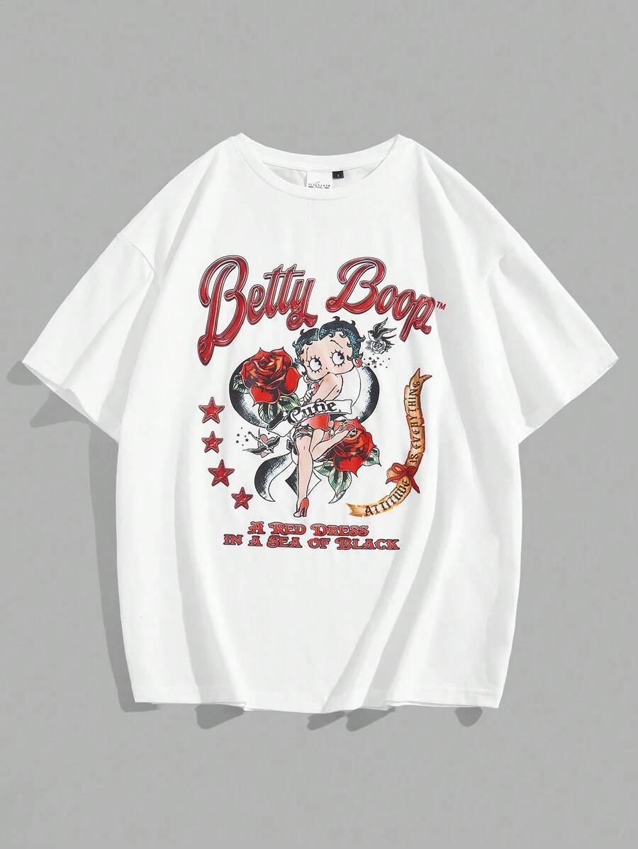 Betty Boop x SHEIN Women Cartoon Print Short Sleeve T-Shirts, For Christmas - White - View 1